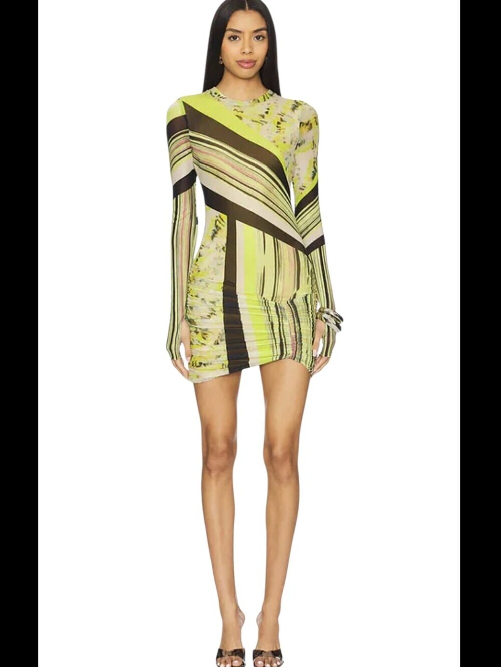 AFRM Mirza Mesh Ruched Bodycon Mini Dress Abstract Print Long Sleeve Size M - Picture 1 of 13